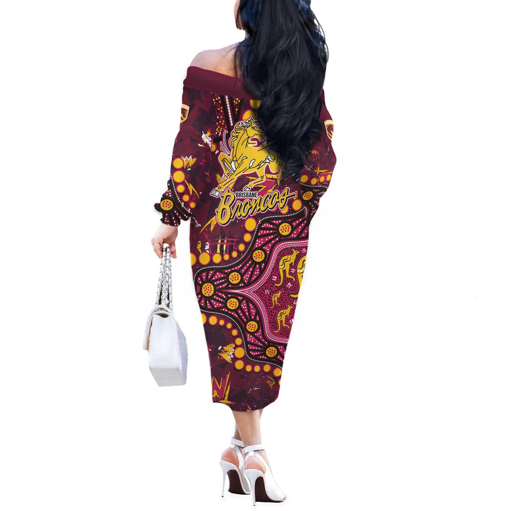 Brisbane Broncos Off The Shoulder Long Sleeve Dress Aboriginal Pattern with Graffiti Style Design
