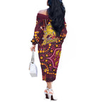 Brisbane Broncos Off The Shoulder Long Sleeve Dress Aboriginal Pattern with Graffiti Style Design