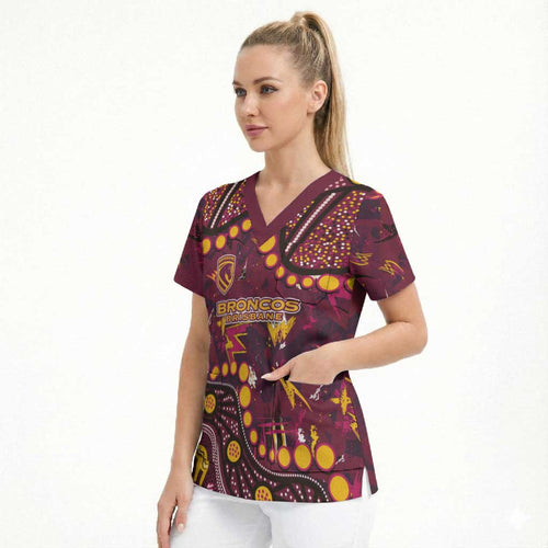 Brisbane Broncos Scrub Top Aboriginal Pattern with Graffiti Style Design