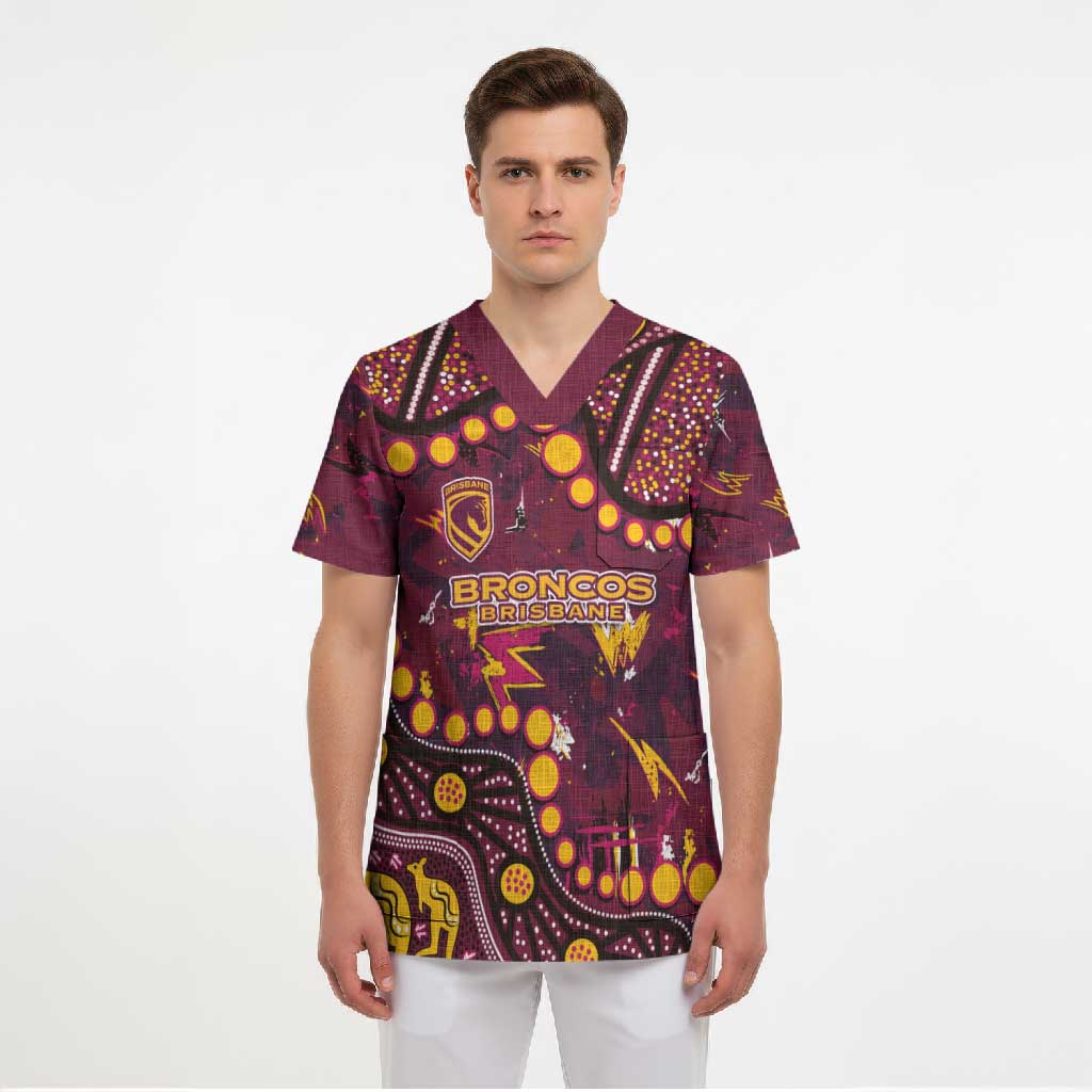 Brisbane Broncos Scrub Top Aboriginal Pattern with Graffiti Style Design