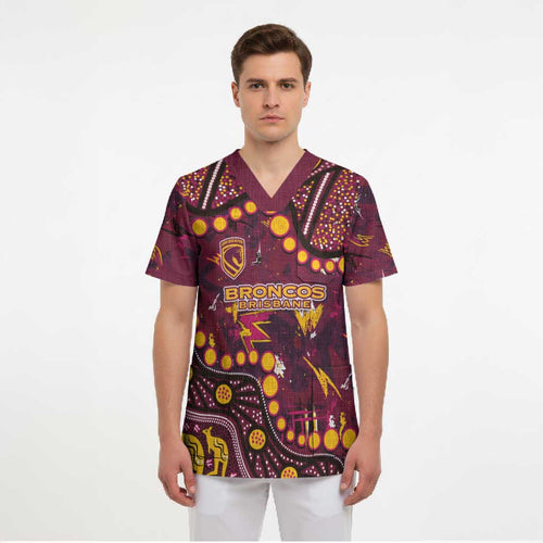 Brisbane Broncos Scrub Top Aboriginal Pattern with Graffiti Style Design