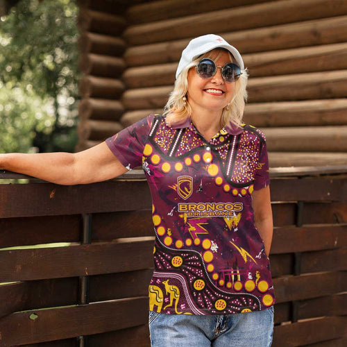 Brisbane Broncos Women Polo Shirt Aboriginal Pattern with Graffiti Style Design