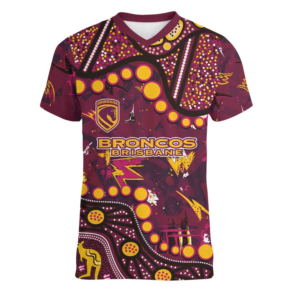 Brisbane Broncos Women V-Neck T-Shirt Aboriginal Pattern with Graffiti Style Design