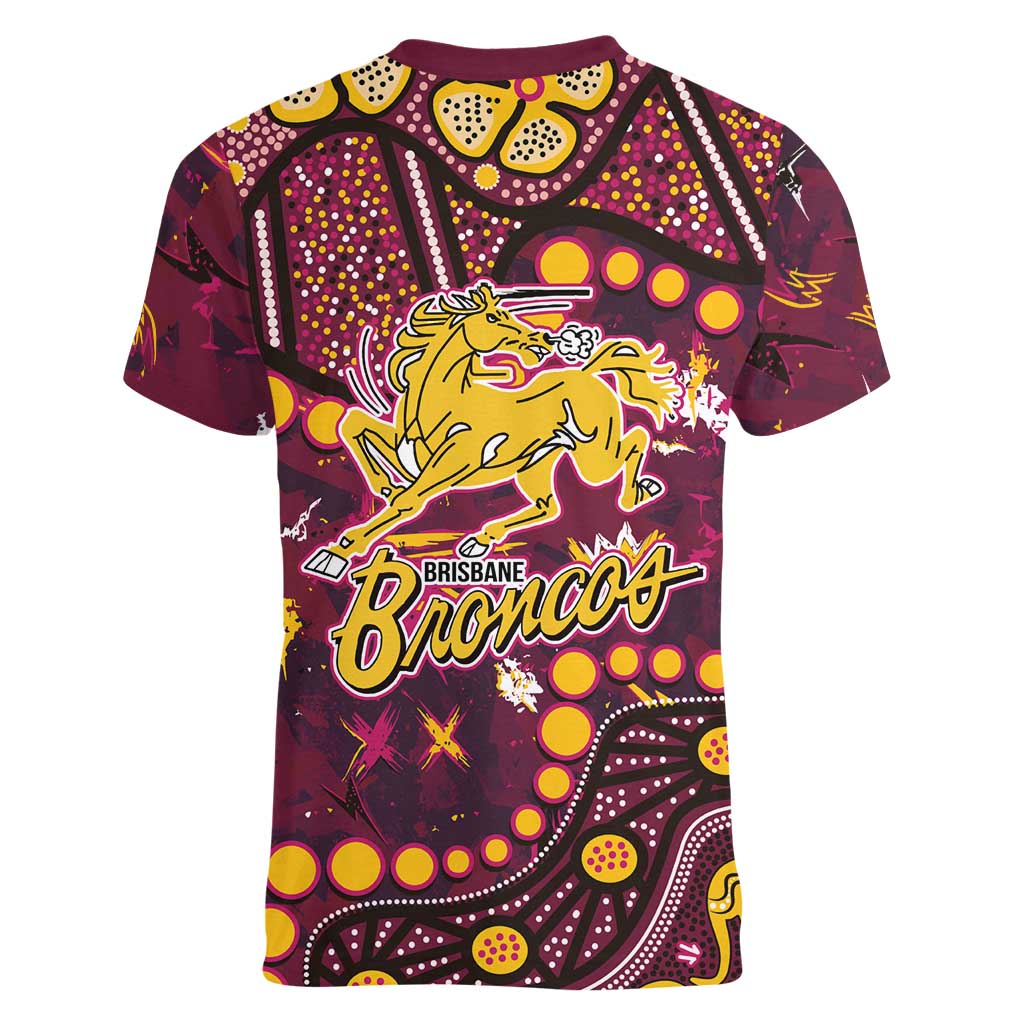 Brisbane Broncos Women V-Neck T-Shirt Aboriginal Pattern with Graffiti Style Design