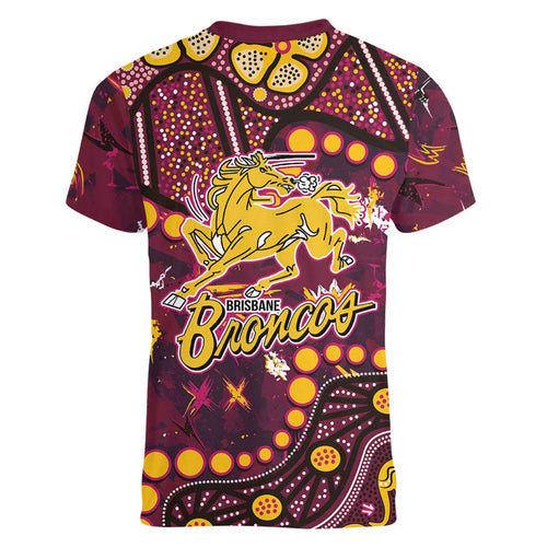 Brisbane Broncos Women V-Neck T-Shirt Aboriginal Pattern with Graffiti Style Design