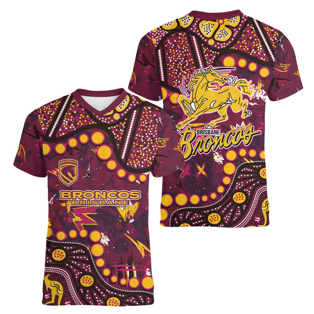 Brisbane Broncos Women V-Neck T-Shirt Aboriginal Pattern with Graffiti Style Design