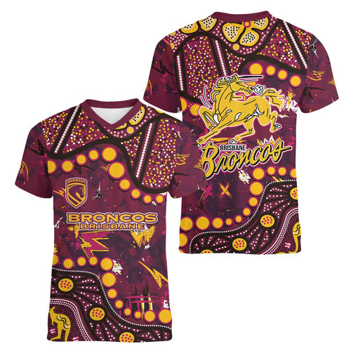 Brisbane Broncos Women V-Neck T-Shirt Aboriginal Pattern with Graffiti Style Design