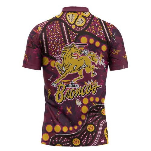 Brisbane Broncos Zipper Polo Shirt Aboriginal Pattern with Graffiti Style Design