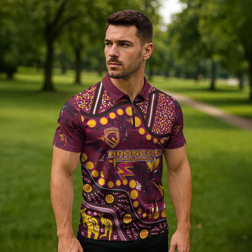 Brisbane Broncos Zipper Polo Shirt Aboriginal Pattern with Graffiti Style Design