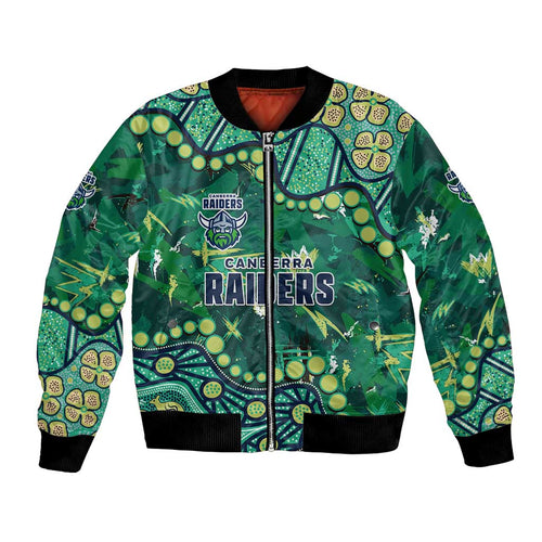 Personalized Canberra Raiders Bomber Jacket Aboriginal Pattern with Graffiti Style Design