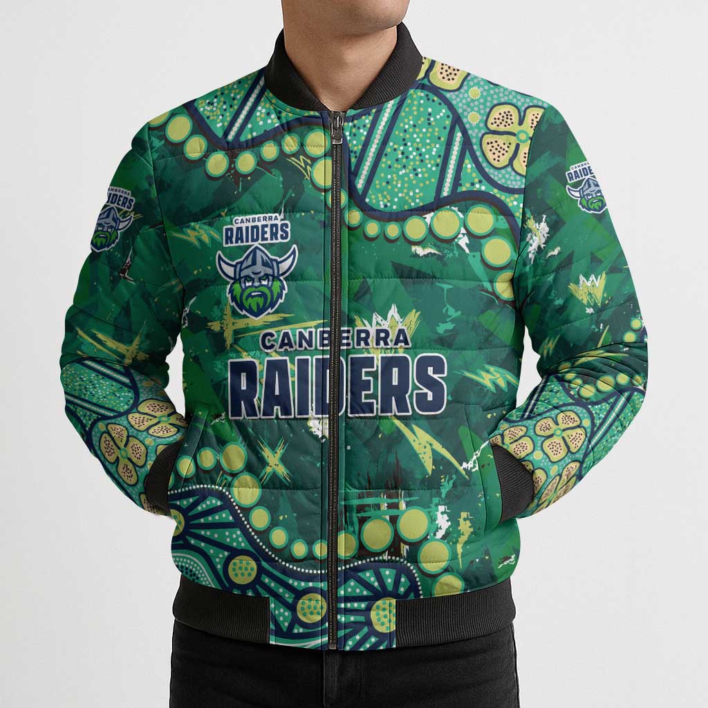 Personalized Canberra Raiders Bomber Puffer Jacket Aboriginal Pattern with Graffiti Style Design