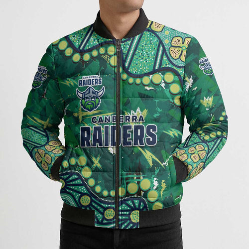 Personalized Canberra Raiders Bomber Puffer Jacket Aboriginal Pattern with Graffiti Style Design