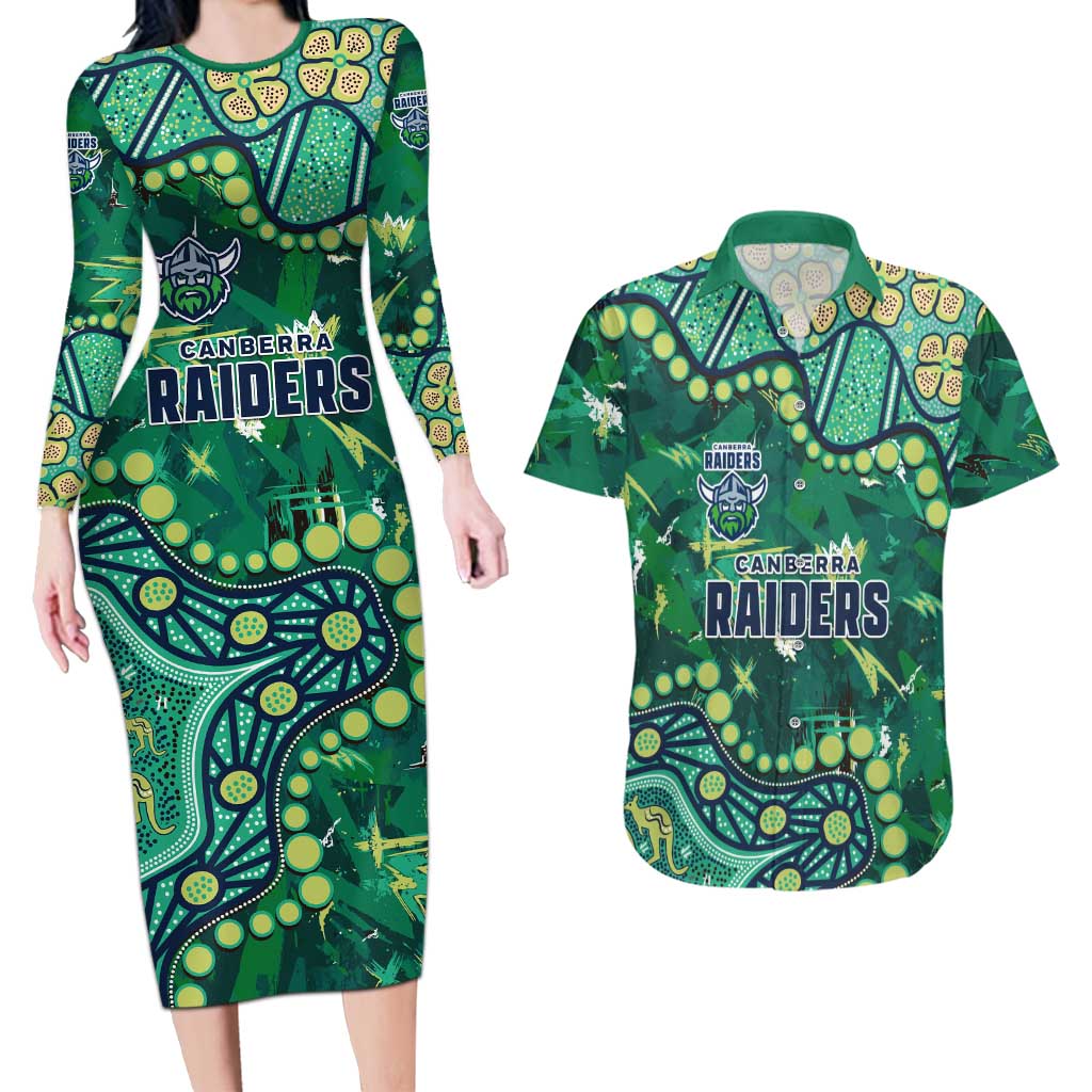 Personalized Canberra Raiders Couples Matching Long Sleeve Bodycon Dress and Hawaiian Shirt Aboriginal Pattern with Graffiti Style Design