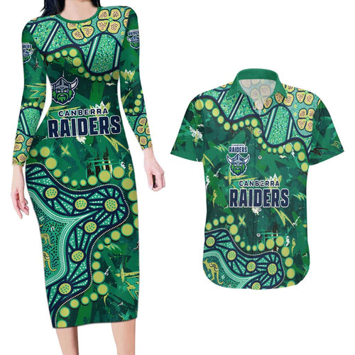 Personalized Canberra Raiders Couples Matching Long Sleeve Bodycon Dress and Hawaiian Shirt Aboriginal Pattern with Graffiti Style Design
