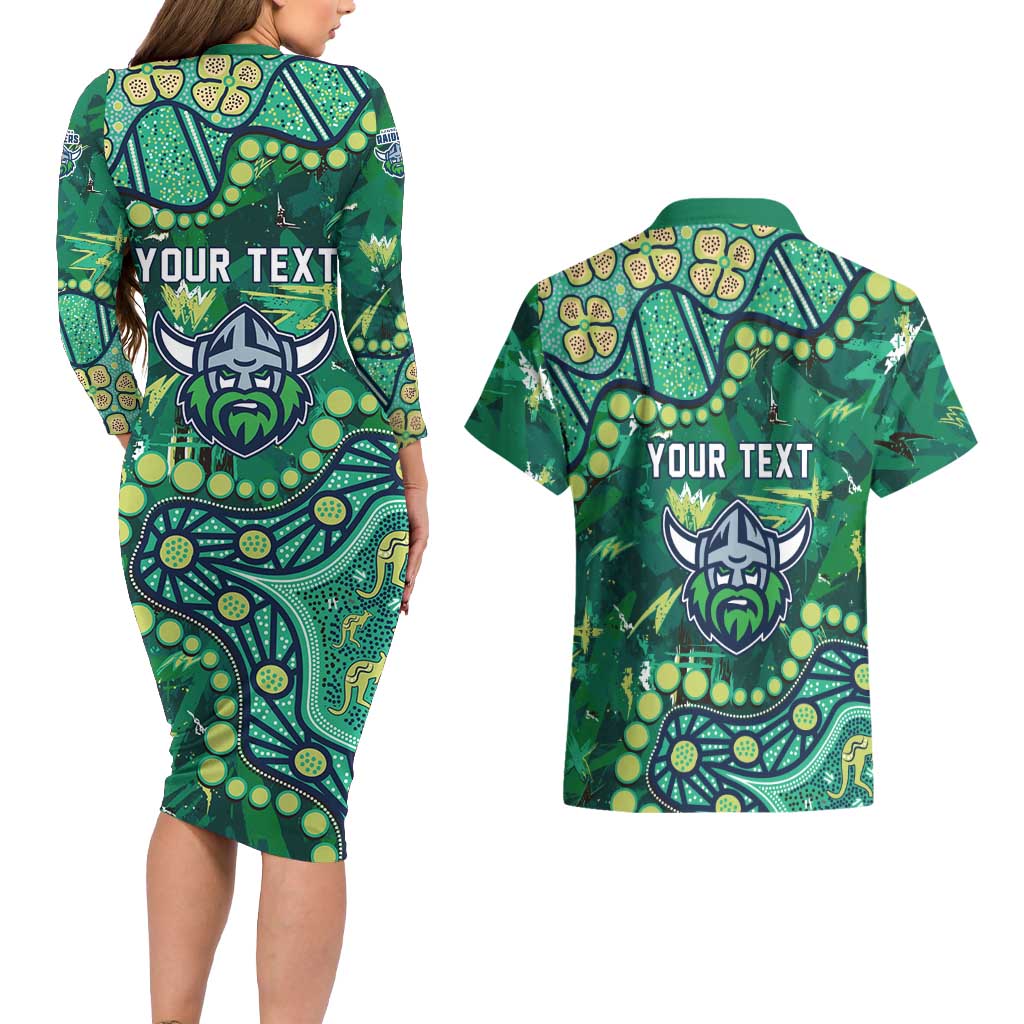 Personalized Canberra Raiders Couples Matching Long Sleeve Bodycon Dress and Hawaiian Shirt Aboriginal Pattern with Graffiti Style Design