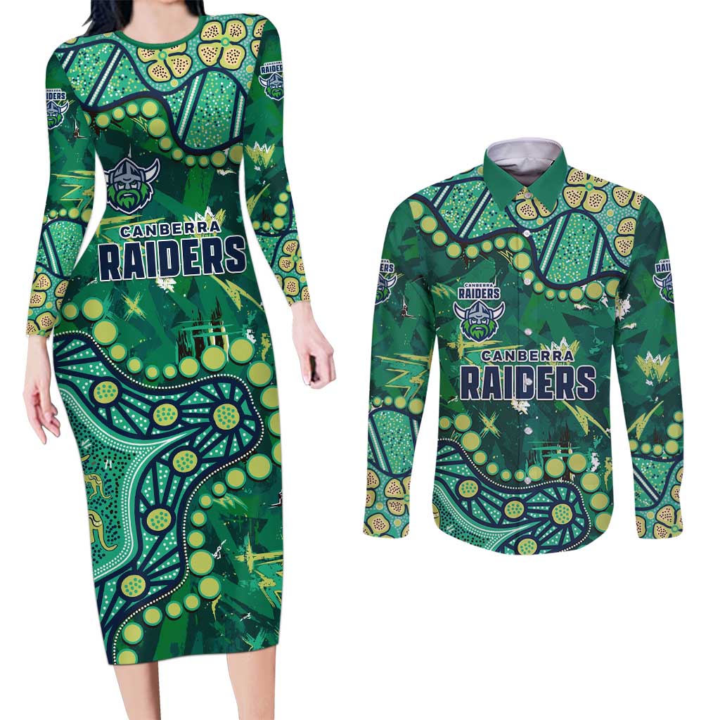Personalized Canberra Raiders Couples Matching Long Sleeve Bodycon Dress and Long Sleeve Button Shirt Aboriginal Pattern with Graffiti Style Design