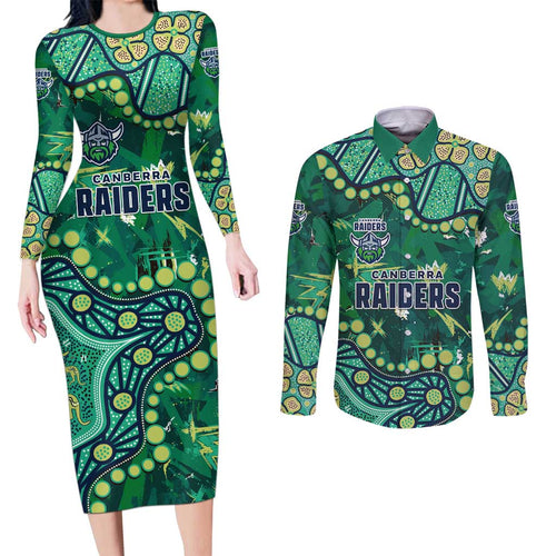 Personalized Canberra Raiders Couples Matching Long Sleeve Bodycon Dress and Long Sleeve Button Shirt Aboriginal Pattern with Graffiti Style Design