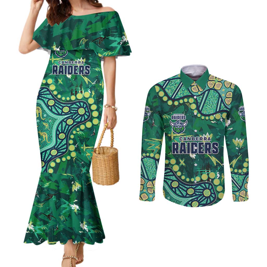 Personalized Canberra Raiders Couples Matching Mermaid Dress and Long Sleeve Button Shirt Aboriginal Pattern with Graffiti Style Design