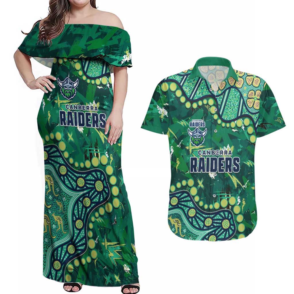 Personalized Canberra Raiders Couples Matching Off Shoulder Maxi Dress and Hawaiian Shirt Aboriginal Pattern with Graffiti Style Design