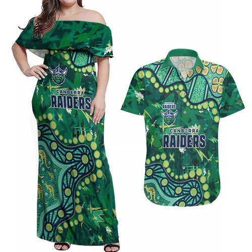 Personalized Canberra Raiders Couples Matching Off Shoulder Maxi Dress and Hawaiian Shirt Aboriginal Pattern with Graffiti Style Design
