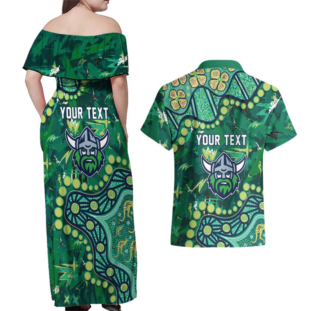 Personalized Canberra Raiders Couples Matching Off Shoulder Maxi Dress and Hawaiian Shirt Aboriginal Pattern with Graffiti Style Design