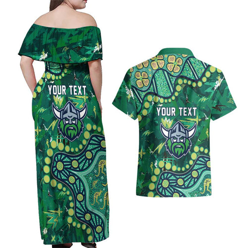 Personalized Canberra Raiders Couples Matching Off Shoulder Maxi Dress and Hawaiian Shirt Aboriginal Pattern with Graffiti Style Design