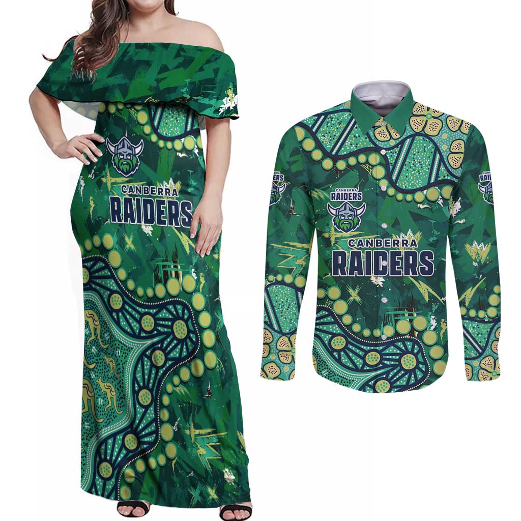 Personalized Canberra Raiders Couples Matching Off Shoulder Maxi Dress and Long Sleeve Button Shirt Aboriginal Pattern with Graffiti Style Design