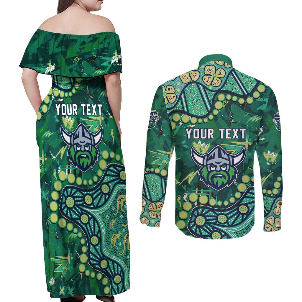Personalized Canberra Raiders Couples Matching Off Shoulder Maxi Dress and Long Sleeve Button Shirt Aboriginal Pattern with Graffiti Style Design
