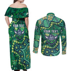 Personalized Canberra Raiders Couples Matching Off Shoulder Maxi Dress and Long Sleeve Button Shirt Aboriginal Pattern with Graffiti Style Design