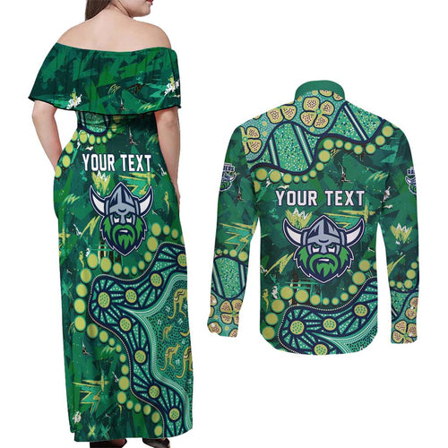 Personalized Canberra Raiders Couples Matching Off Shoulder Maxi Dress and Long Sleeve Button Shirt Aboriginal Pattern with Graffiti Style Design
