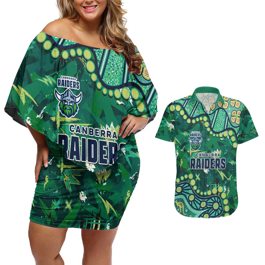 Personalized Canberra Raiders Couples Matching Off Shoulder Short Dress and Hawaiian Shirt Aboriginal Pattern with Graffiti Style Design