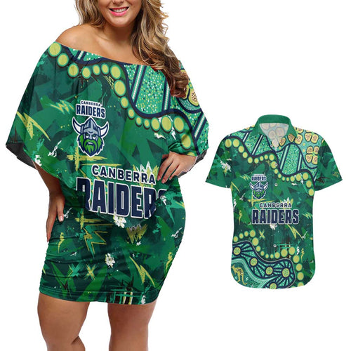 Personalized Canberra Raiders Couples Matching Off Shoulder Short Dress and Hawaiian Shirt Aboriginal Pattern with Graffiti Style Design