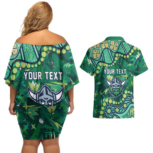 Personalized Canberra Raiders Couples Matching Off Shoulder Short Dress and Hawaiian Shirt Aboriginal Pattern with Graffiti Style Design