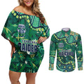 Personalized Canberra Raiders Couples Matching Off Shoulder Short Dress and Long Sleeve Button Shirt Aboriginal Pattern with Graffiti Style Design