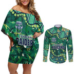 Personalized Canberra Raiders Couples Matching Off Shoulder Short Dress and Long Sleeve Button Shirt Aboriginal Pattern with Graffiti Style Design