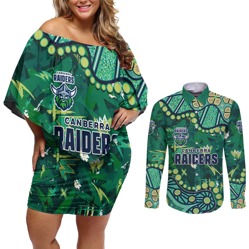 Personalized Canberra Raiders Couples Matching Off Shoulder Short Dress and Long Sleeve Button Shirt Aboriginal Pattern with Graffiti Style Design