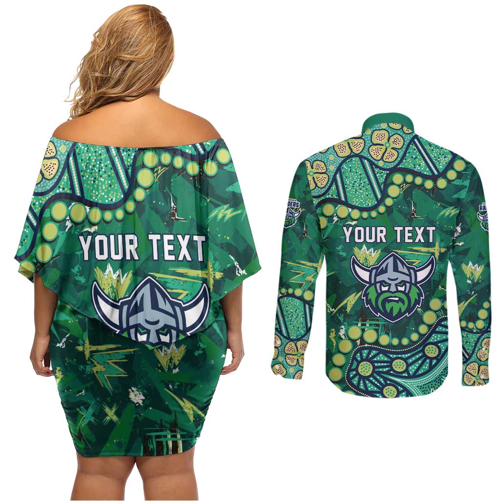 Personalized Canberra Raiders Couples Matching Off Shoulder Short Dress and Long Sleeve Button Shirt Aboriginal Pattern with Graffiti Style Design