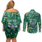 Personalized Canberra Raiders Couples Matching Off Shoulder Short Dress and Long Sleeve Button Shirt Aboriginal Pattern with Graffiti Style Design