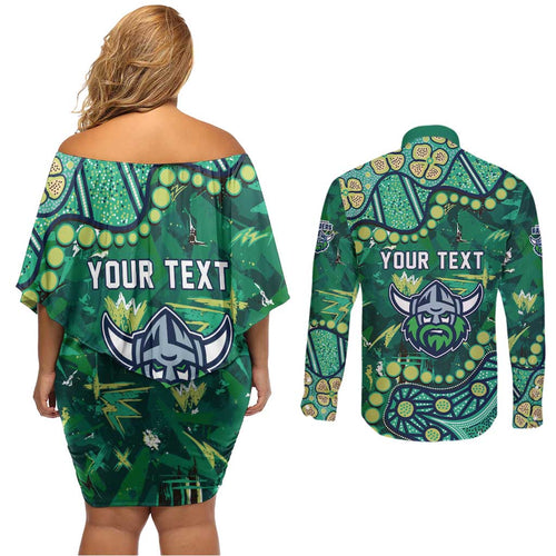 Personalized Canberra Raiders Couples Matching Off Shoulder Short Dress and Long Sleeve Button Shirt Aboriginal Pattern with Graffiti Style Design