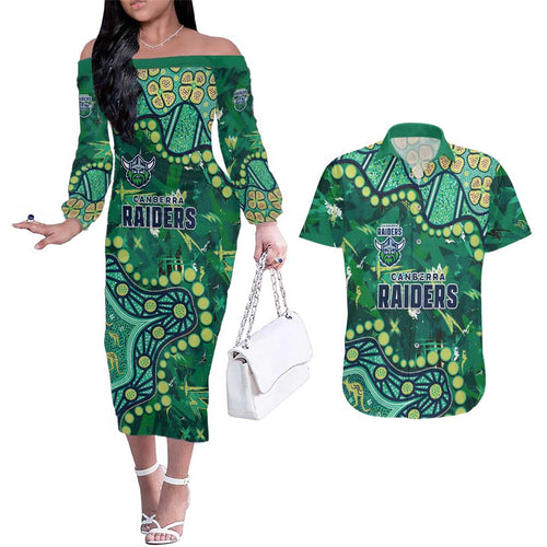 Personalized Canberra Raiders Couples Matching Off The Shoulder Long Sleeve Dress and Hawaiian Shirt Aboriginal Pattern with Graffiti Style Design