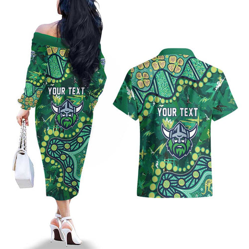 Personalized Canberra Raiders Couples Matching Off The Shoulder Long Sleeve Dress and Hawaiian Shirt Aboriginal Pattern with Graffiti Style Design