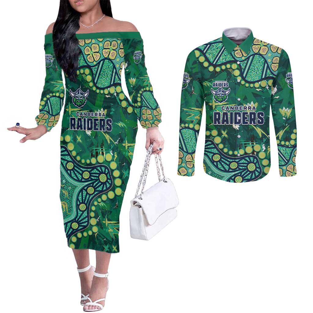 Personalized Canberra Raiders Couples Matching Off The Shoulder Long Sleeve Dress and Long Sleeve Button Shirt Aboriginal Pattern with Graffiti Style Design
