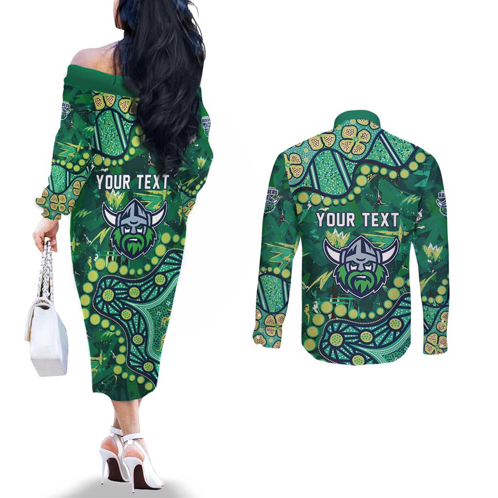 Personalized Canberra Raiders Couples Matching Off The Shoulder Long Sleeve Dress and Long Sleeve Button Shirt Aboriginal Pattern with Graffiti Style Design