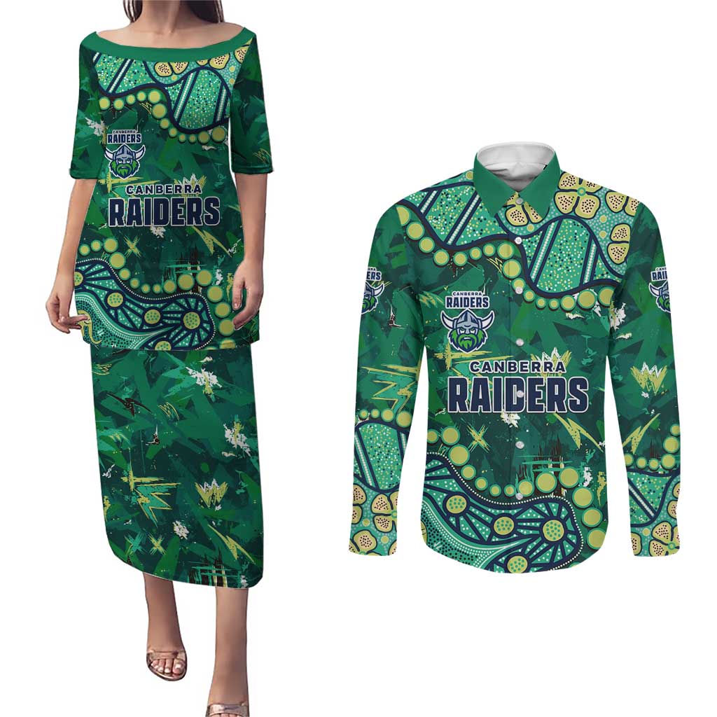 Personalized Canberra Raiders Couples Matching Puletasi and Long Sleeve Button Shirt Aboriginal Pattern with Graffiti Style Design