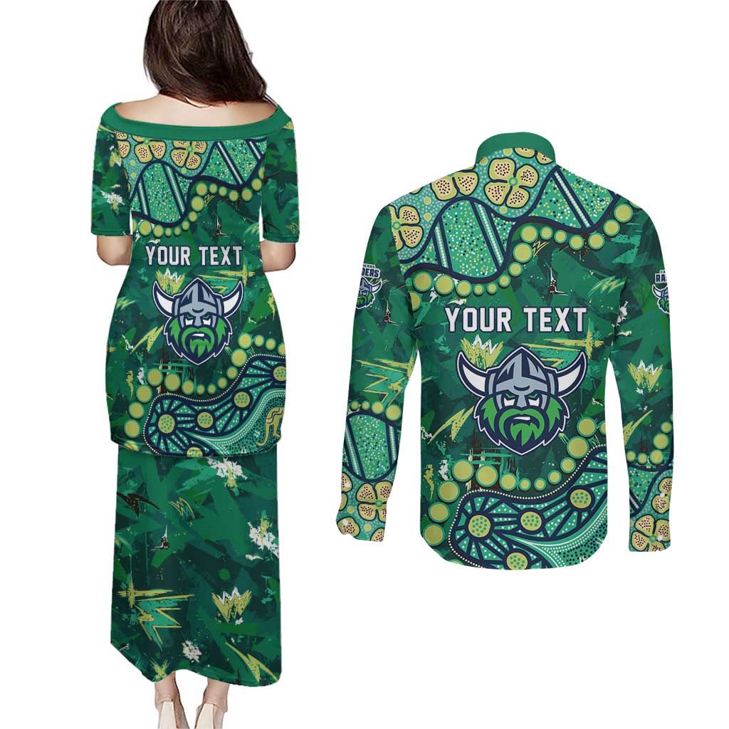 Personalized Canberra Raiders Couples Matching Puletasi and Long Sleeve Button Shirt Aboriginal Pattern with Graffiti Style Design