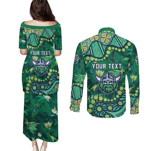 Personalized Canberra Raiders Couples Matching Puletasi and Long Sleeve Button Shirt Aboriginal Pattern with Graffiti Style Design