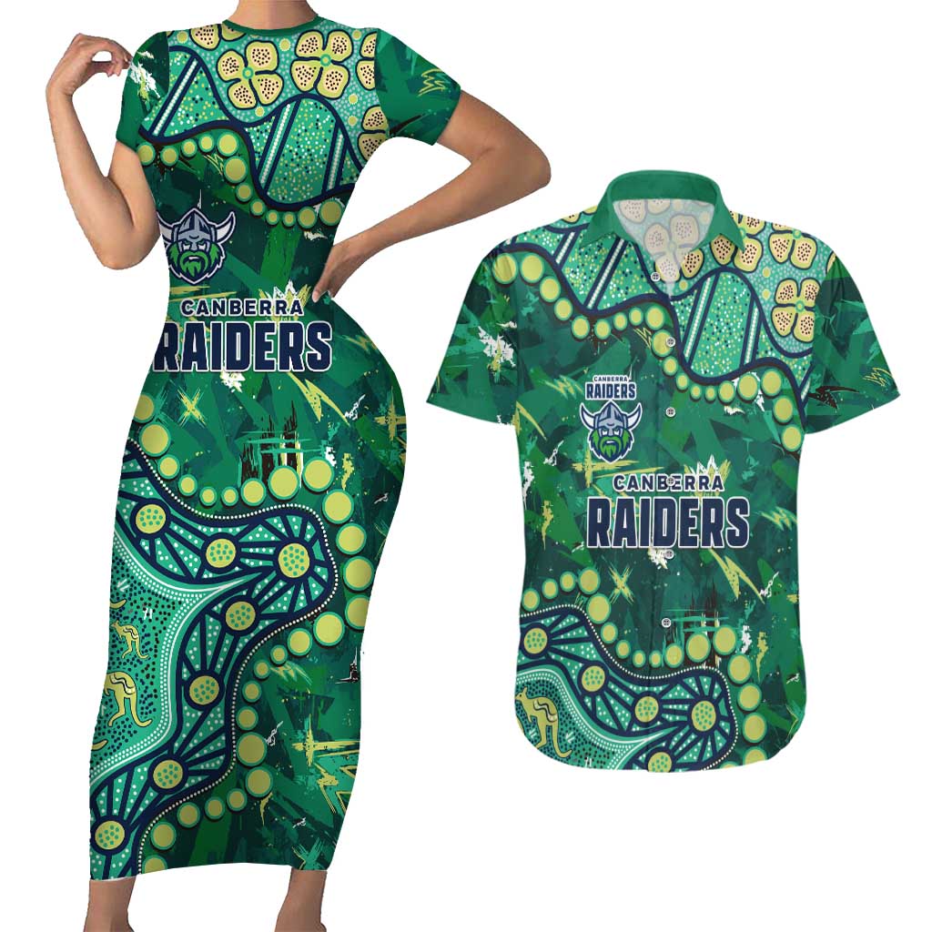 Personalized Canberra Raiders Couples Matching Short Sleeve Bodycon Dress and Hawaiian Shirt Aboriginal Pattern with Graffiti Style Design