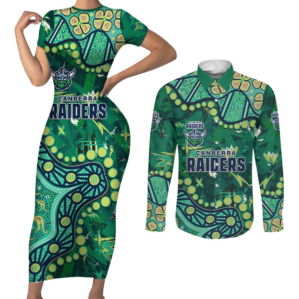 Personalized Canberra Raiders Couples Matching Short Sleeve Bodycon Dress and Long Sleeve Button Shirt Aboriginal Pattern with Graffiti Style Design