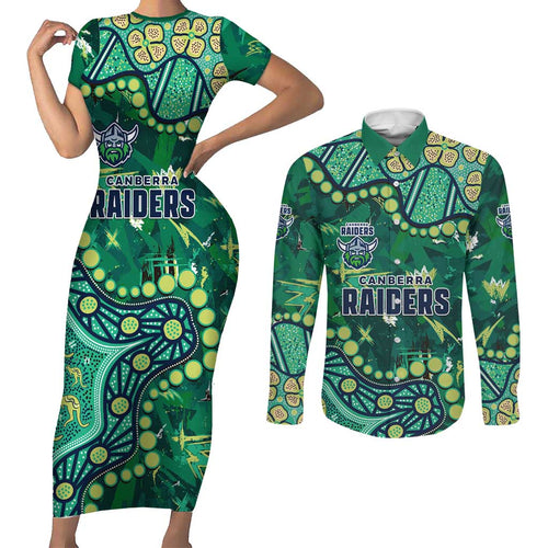 Personalized Canberra Raiders Couples Matching Short Sleeve Bodycon Dress and Long Sleeve Button Shirt Aboriginal Pattern with Graffiti Style Design