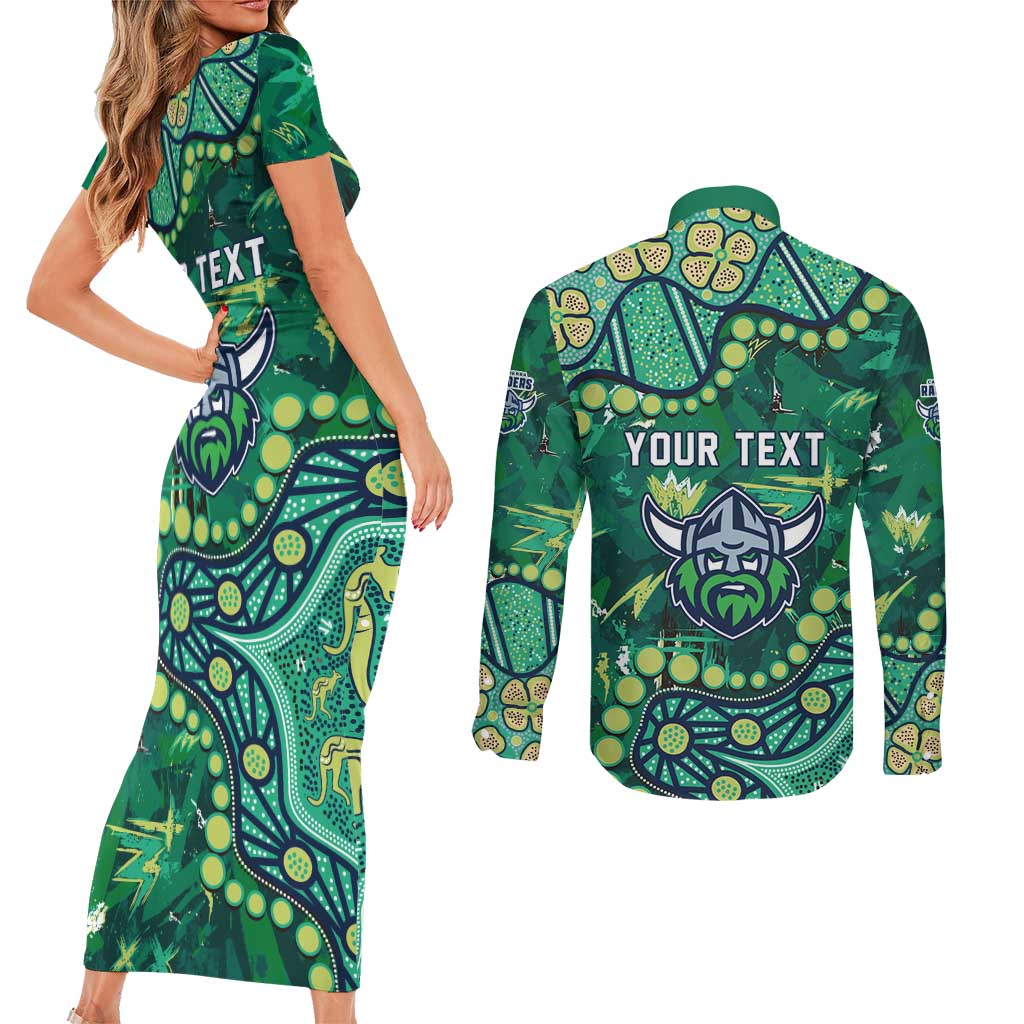 Personalized Canberra Raiders Couples Matching Short Sleeve Bodycon Dress and Long Sleeve Button Shirt Aboriginal Pattern with Graffiti Style Design